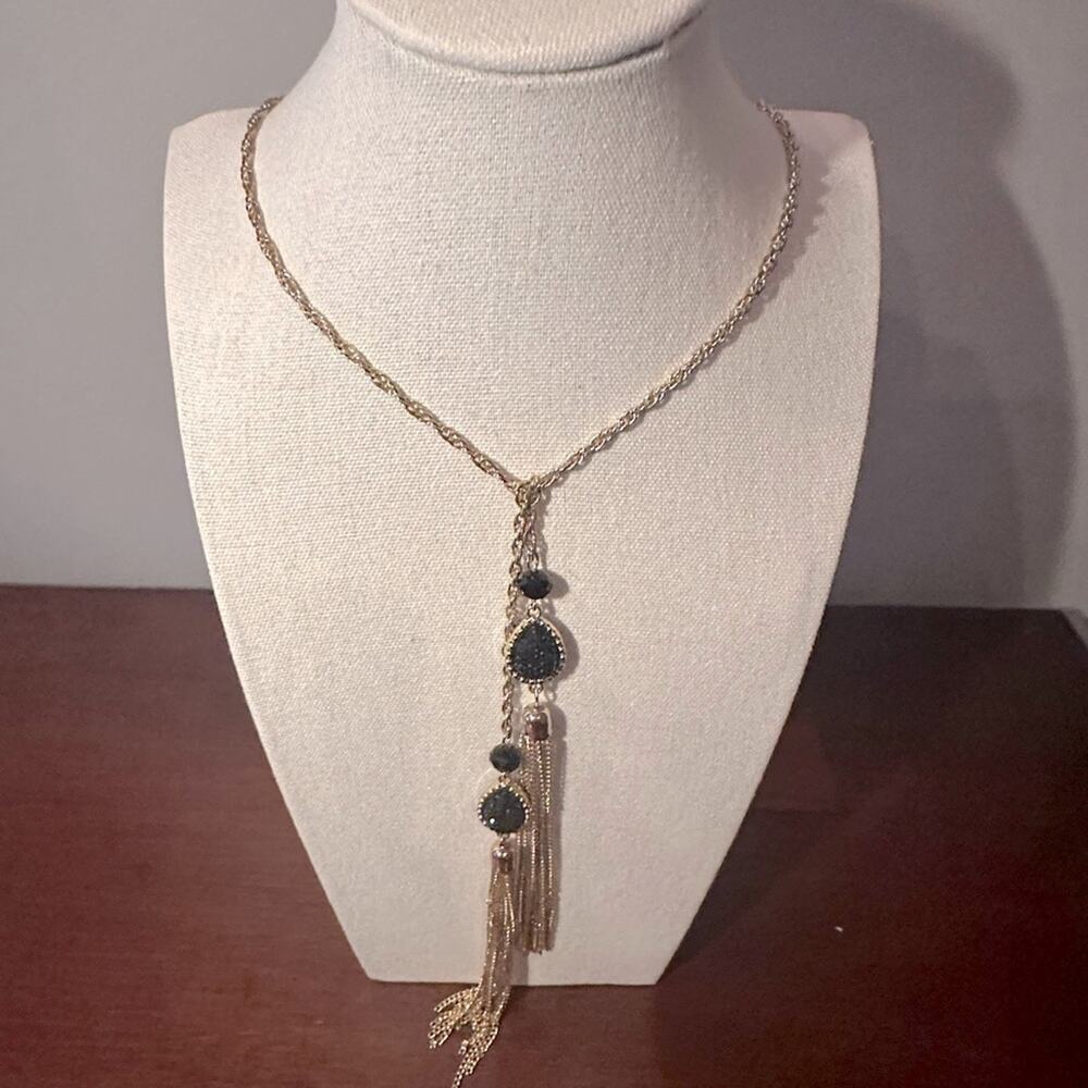Ann Taylor Long Necklace Gold Black Chain Tassel Long Costume Jewelry Office